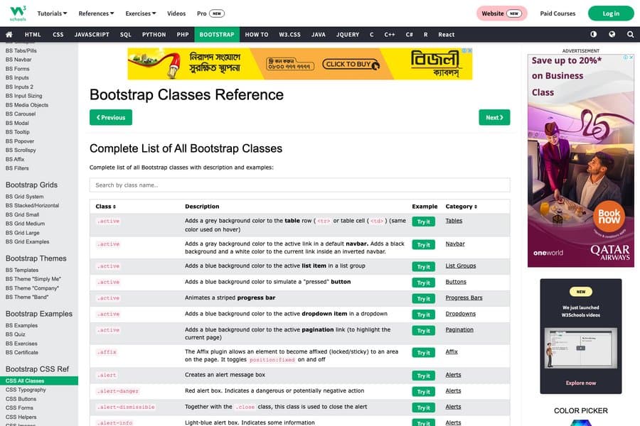 bootstrap classes list